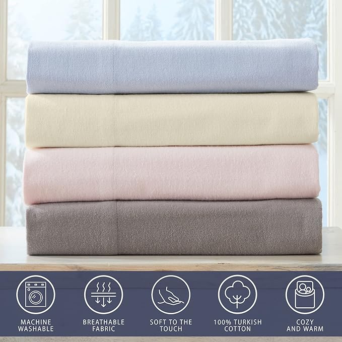 Market & Place 100% Turkish Cotton Flannel Sheet Set | 4 Piece Deep Pocket Solid Cozy Winter Bed Sheets | Double Brushed for Extra Softness & Comfort | Chalet Collection (Queen, Ivory)