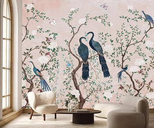 PYFFYP- Chinoiserie Pink Flowers and Bird Wallpaper Vintage Peacock murals for Living Room(Not Peel and Stick)