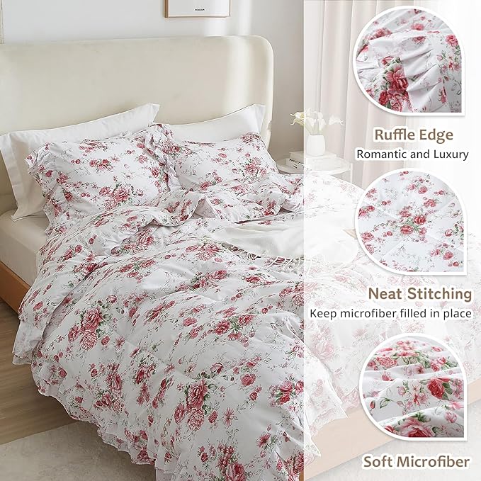 VM VOUGEMARKET Rose Flower Comforter Set King Size Romantic Girls Ruffle Bedding Comforter Soft Microfiber Botanical Comforter Set 1 Ruffled Comforter with 2 Pillowcases Lightweight Comfy