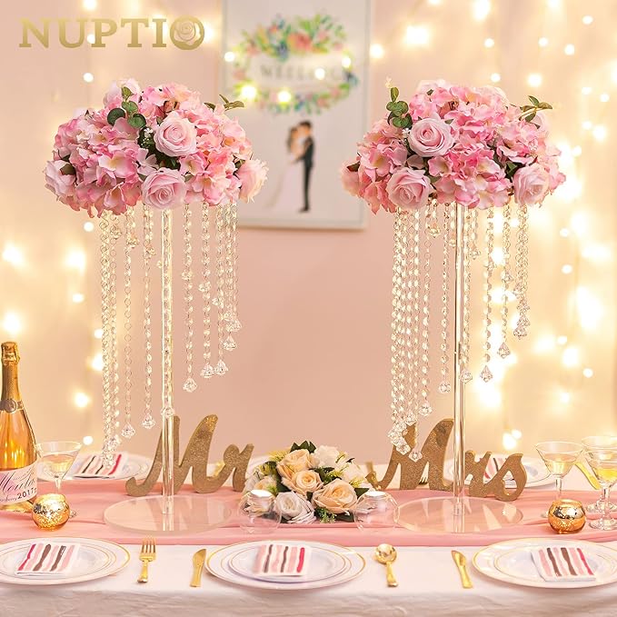 NUPTIO Flower Ball Arrangement Bouquet - 2 Pcs 14.2 inch Diameter Pink Fake Flowers Roses Balls for Centerpieces Tables - Artificial Rose Arrangements for Wedding Centerpiece Table Decorations