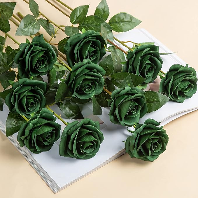 DuHouse 10pcs Fake Roses Artificial Silk Flowers Faux Rose Flower Long Stems Bouquet for Arrangement Wedding Centerpiece Party Home Kitchen Decor (Dark Green)
