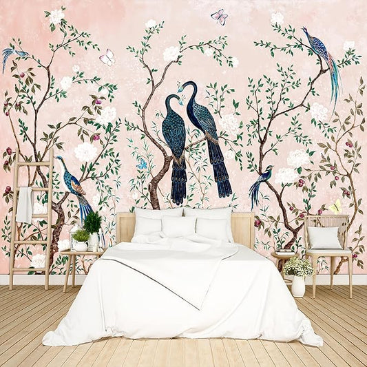 Pink Chinese Style Flowers Birds Wallpaper Peel and Stick Wall Mural for Bedroom Living Room - 58"x86"