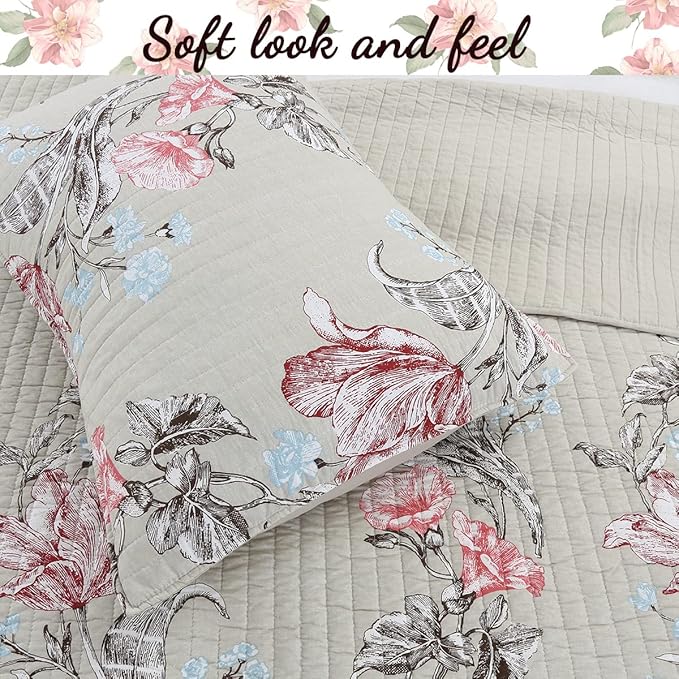 Cozy Line Home Fashions Taupe Khaki Floral Blooming 100% Cotton Reversible Quilt Bedding Set, Coverlet, Bedspread (Taupe Blooming, Queen - 3 Piece)