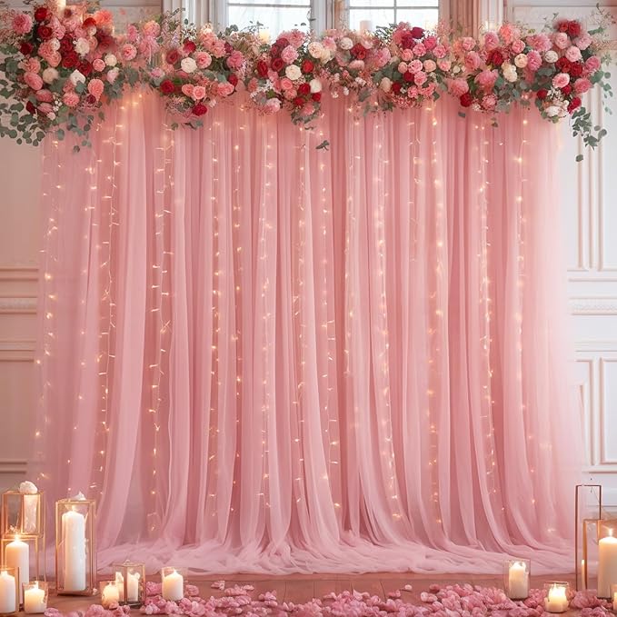 20x10ft Dusty Rose Tulle Backdrop Curtain with Lights String for Parites, Sheer Backdrop Curtains for Wedding Baby Shower Birthday Party Photo Shoot Decorations
