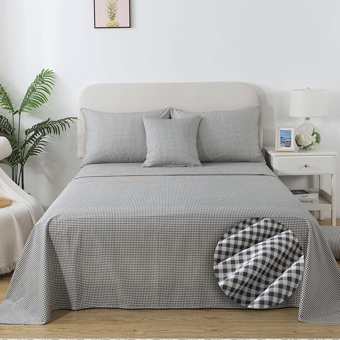FADFAY Black Plaid Twin Size Sheets 100% Cotton Geometric Checker Bedding Teens Grid White Gingham Pattern College Bedding Deep Pocket Sheets with 2 Pillowcases Ultra Soft 4pcs, Twin Size
