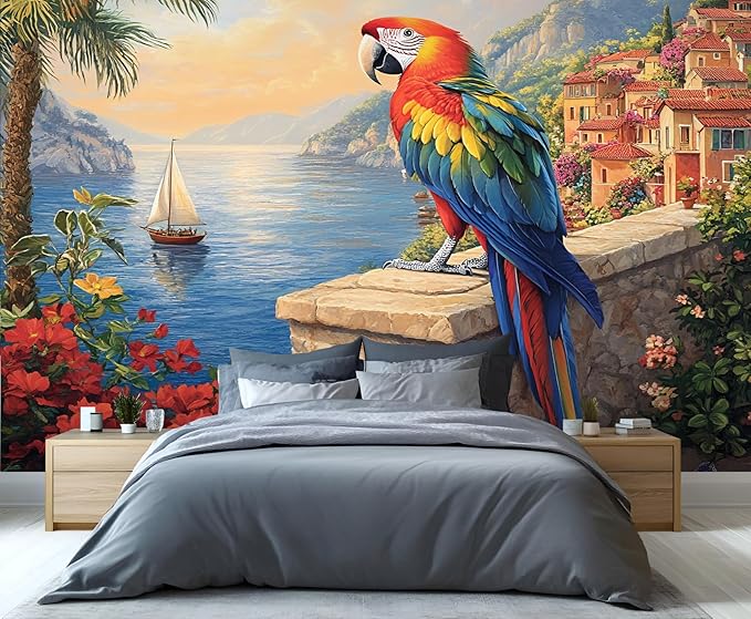 Macaw Parrot Wall Mural, Coastal Mediterranean Parrot 3D Wall Murals, Sunset Seaside Village Scene Wallpaper Mural, for Living Room Bedroom Large Wallpaper Indoor Decor 98.4" W x68.9 H