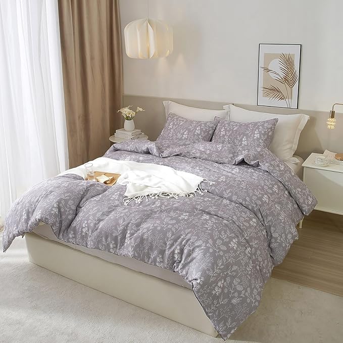 EAVD Garden Grey Floral Duvet Cover Full Soft Cotton Chic Shabby Cute Floral Bedding Set with 2 Pillowcases Fresh Reversible Vintage Botanical Duvet Cover with Zipper Closure