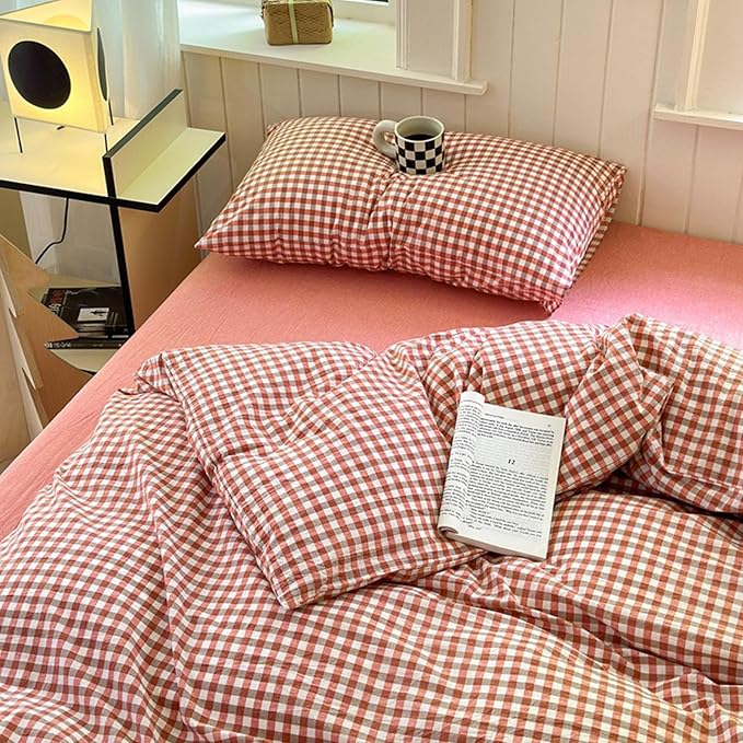 LifeTB Gingham Comforter Set King Modern Style Plaid Checkered Pattern Comforter Soft Fluffy Gingham Bedding Set Lightweight Red Orange Grid Bedding Comforter Farmhouse Checkered Comforter Set