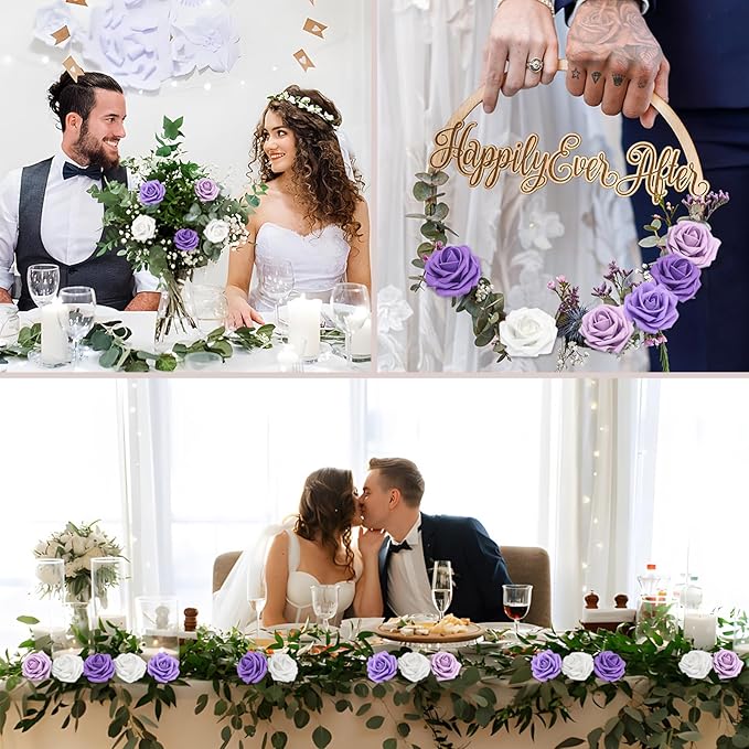 200PCS Artificial Flowers Purple Mixed Series Roses Real Looking Foam Fake Roses with Leaves and for DIY Wedding Bouquets Bridal Shower Centerpieces Party Decorations (Purple Series, 200)