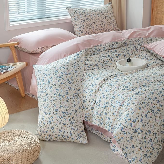 EAVD Botanical Floral Duvet Cover King Soft 100% Cotton Blue Pink Floral Bedding Set with 2 Pillowcases Chic Vintage Style Garden Floral Comforter Set Reversible Solid Pink Duvet Cover Set