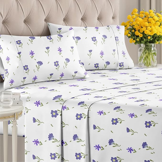 Floral Sheets - Purple Floral Bed Sheet Set - 1 Flat, 1 Fitted & 2 Pillowcases w/ Deep Pockets - Comfy, Wrinkle & Fade Free - Boho Botanical Bedding - Ultra-Soft, Breathable & Cooling - Full Size Set