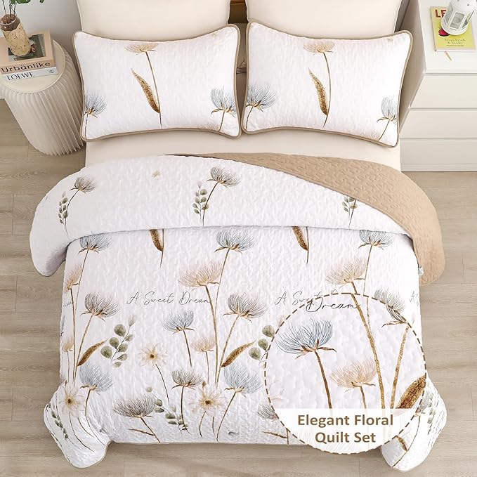 Dinjoy Floral Quilt Set Queen,Beige/Khaki Bedspread Queen Size 3 Pieces Lightweight Fall Quilts Microfiber Farmhouse Bedding Set Soft Flower Bedspreads White Coverlet Sets for All Seasons