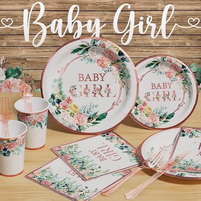Ecomore Baby Shower Decorations for Girl - 249 PCS Baby Girl Gender Reveal Party Supplies & Disposable Dinnerware Set (25 Guest) with Pink Rose Gold Floral Paper Plates Backdrop Tablecloth Balloon Kit