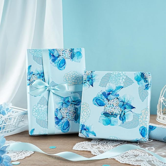 LeZakaa Blue Hydrangea Wrapping Paper Roll, Watercolor Hydrangea Flowers Party Gift Wrap for Wedding, Bridal Shower, Baby Shower, Anniversary, Mother's Day, DIY Bouquet, Mini Roll, 17inches x 16.4Feet