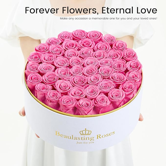 Preserved Roses Forever Flowers Real Roses in a Box Mother's Day Birthday Flowers for Her Mom Women Wife Valentine's Day, Pink, 47 Piece