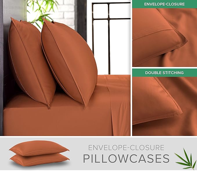 Pure Bamboo Full Sheets, Genuine 100% Organic Viscose Derived from Bamboo Bed Sheet Set, Luxuriously Soft & Cooling, Double Stitching, 2 Year Quality Promise (Full, Terracotta)