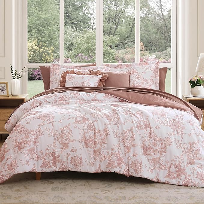 Full Comforter Set -7 Pieces Pink Floral Comforter Set for All Seasons, Bed in a Bag Full with Botanical Flowers Comforter, Sheets, Pillowcases & Shams
