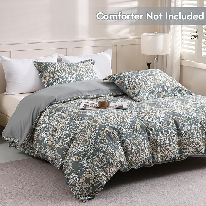 LONAVA King Paisley 3 Pcs Duvet Cover Set, Breathable Soft Microfiber Grey Lining Comforter Cover with Zipper Closure, and 2 Anti-Pilling, Fade Resistant Pillowcases, Green Pasliey