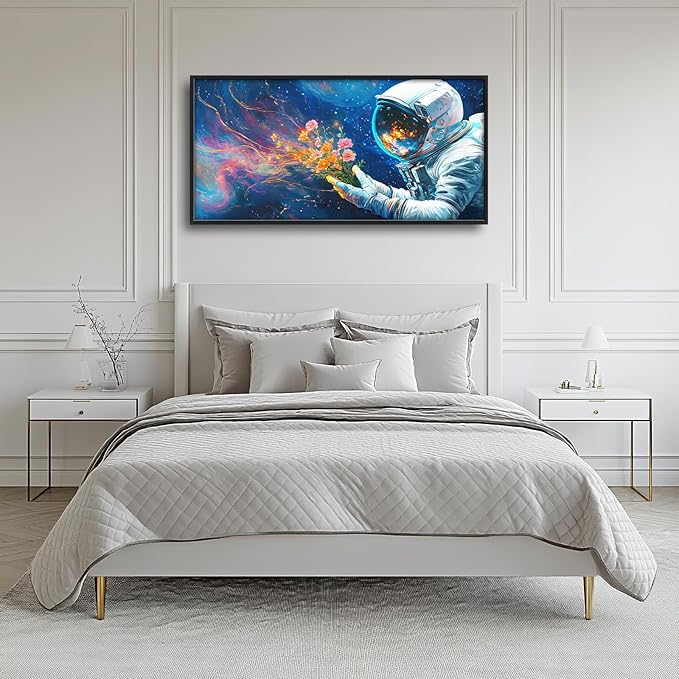 Astronaut Large Wall Art Galaxy Outer Space Pictures Wall Decor Flowers Above Over Bed Canvas Prints Painting Framed Artwork Decoration for Boys Bedroom Living Room 60"x30"