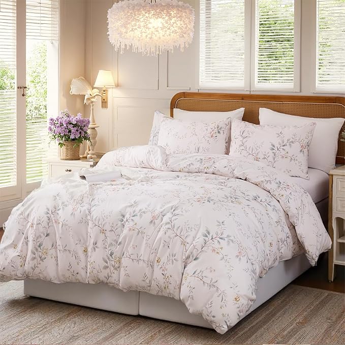Duvet Cover Set Queen Size 3-PC Chic Garden Floral Ultra Soft 100% Long Staple Cotton Comforter Cover, Reversible Breathable Duvet Cover with Zipper Closure, Lightweight, All Season