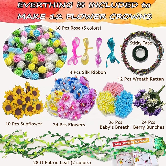 WUBOMJIO Flower Crowns Craft Kit, Make Your Own 12 PCs Floral Crowns Garland Handmade Arts and Crafts for Kids, DIY Fairy Flower Headbands and Bracelets,Hair Accessories for Girls/Teens/Women