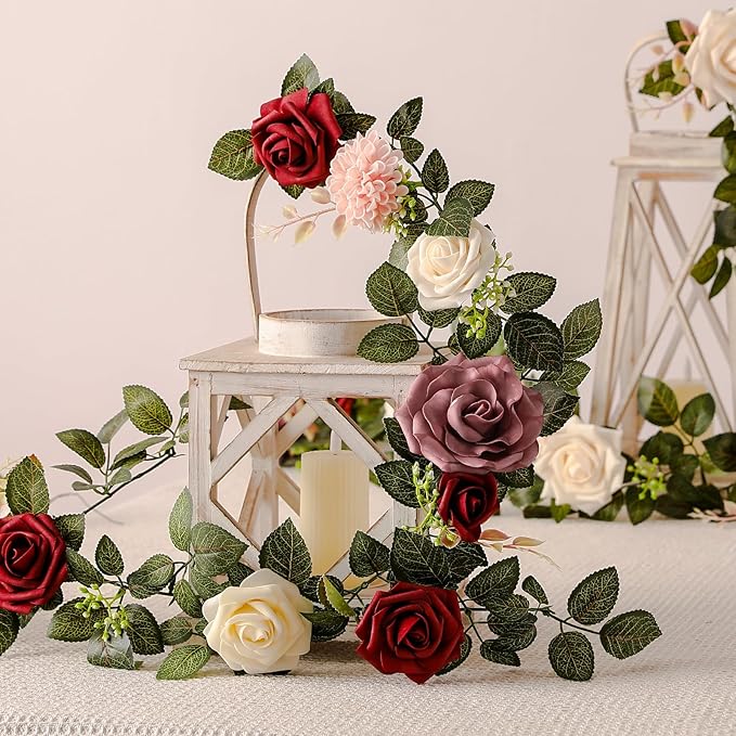 5FT Artificial Rose Flower Burgundy Fake Floral Garland for Wedding Ceremony Backdrop Arch Flowers Table Centerpieces Decorations