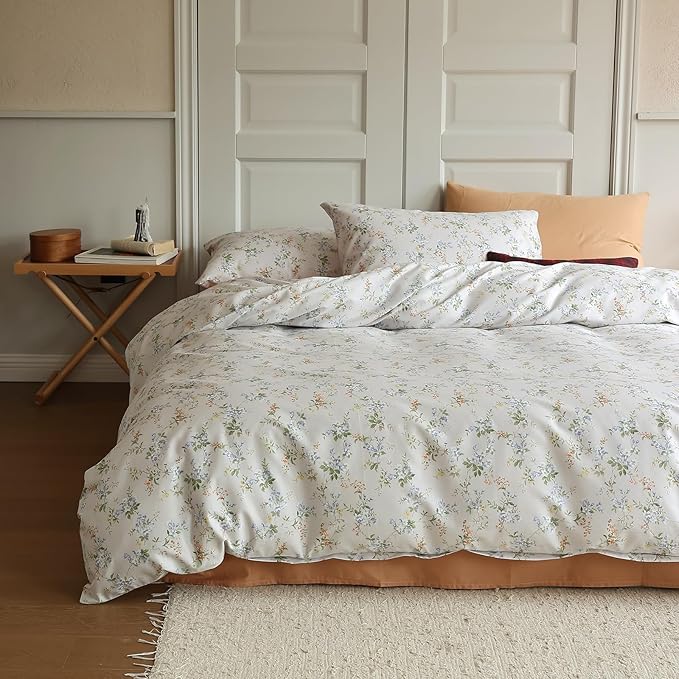 EAVD Vintage Style Garden Botanical Floral Duvet Cover Twin Girl Soft Cotton Chic Floral Botanical Bedding Set with 2 Pillowcases Fresh Reversible Botanical Duvet Cover with Zipper Closure
