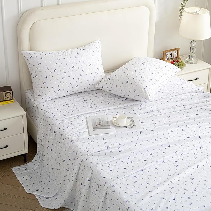 Softan Floral Queen Sheet Set Purple Flower Bed Sheets Printed Queen Size - 4 Piece Microfiber Patterned Fitted Sheets with 15" Deep Pocket, Spring Flower Sheets and Pillowcase Set