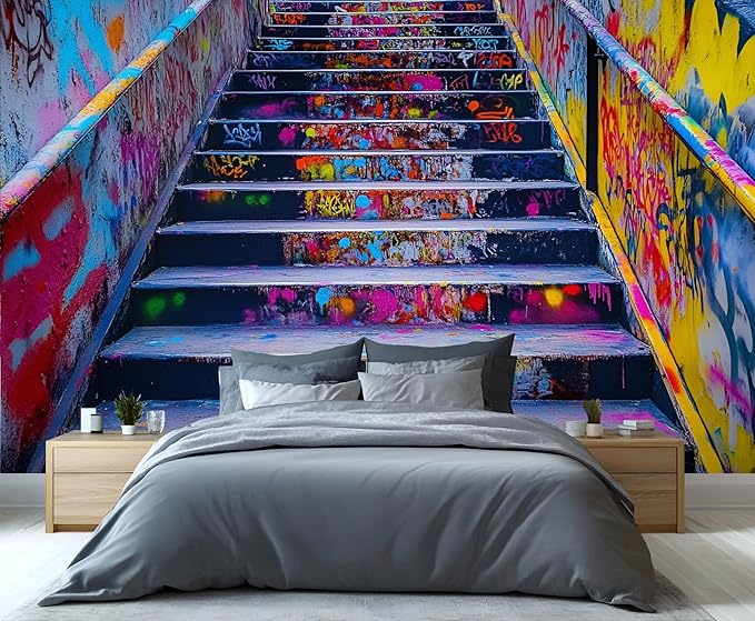 Graffiti Staircase Wall Mural, Urban Street Art 3D Wall Murals, Modern Hip-Hop Colorful Graffiti Steps Wallpaper Mural, for Living Room Bedroom Large Wallpaper Indoor Decor 177.16" W x120 H