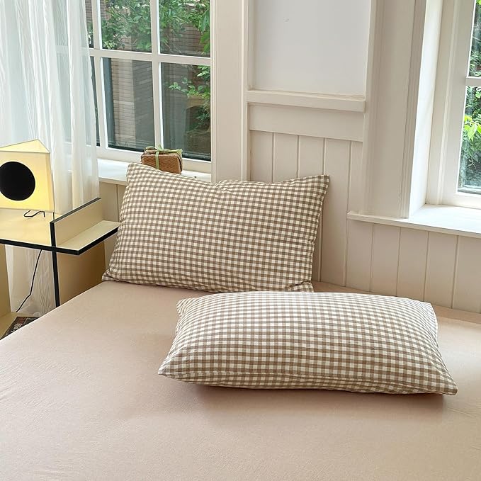 LifeTB Tan Gingham Comforter Set King Modern Style Beige Plaid Comforter Set 3 Pieces Soft Fluffy Grid Checkered Pattern Comforter with 2 Pillowcases Farmhouse Gingham Plaid Bedding Set King