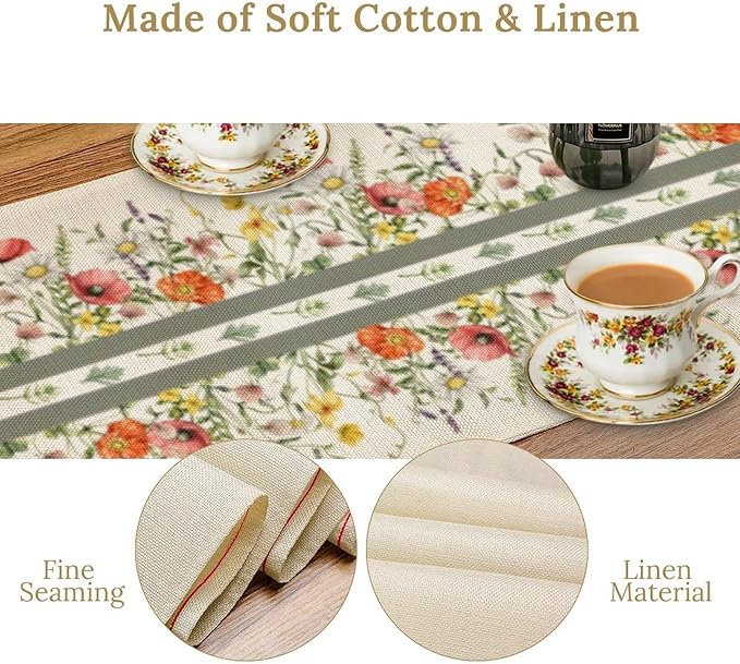 Watercolor Floral Table Runner, Red Wildflowers Botanical Nature Farmhouse Design Table Runner for Kitchen Dining Home Party, 13x60 Inch
