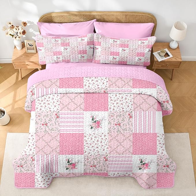 Quilt Set King Size, Pink Patchwork Flowers 3 Pcs Soft Bed Cover Bedding Set, Garden Floral Lightweight Bedspread Coverlet with 2 Pillow Sham for All Season