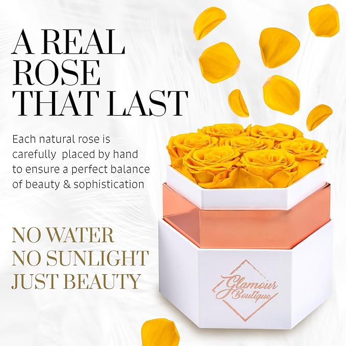 GLAMOUR BOUTIQUE Eternal Preserved Roses in a Box - Flowers Forever, Rose Forever in a Box for Wife, Birthday Gifts for Her, 7 Roses, Yellow