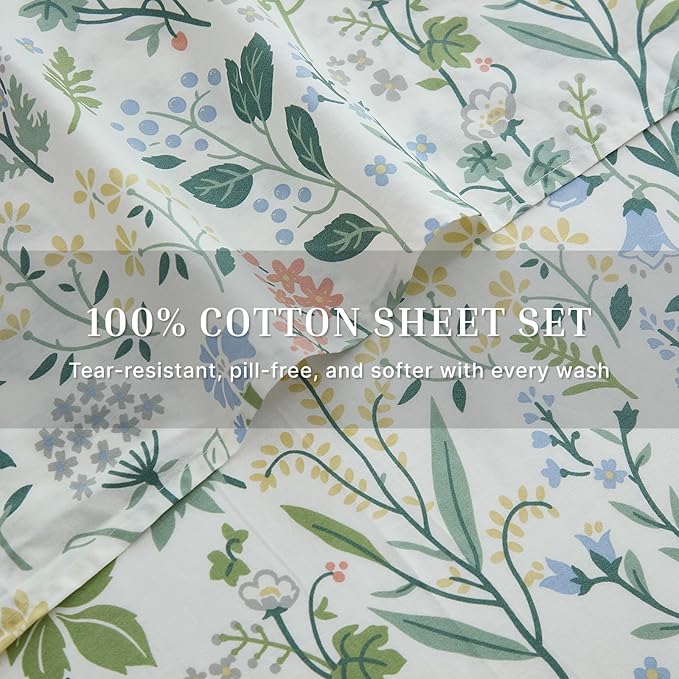 100% Cotton Sheet Set Queen Size – 4-Piece Vintage Green Garden Floral Bedding Set, Soft Breathable Percale Weave, Deep Pocket Fitted Sheet 17.5", Crisp Cool Feel, Refined Botanical Elegance