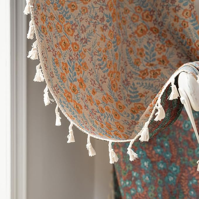 ENJOYBRIDAL Orange Floral Curtains Boho Light Filtering Drapes Vintage Jacquard Rod Pocket Semi Sheer Window Curtains Bedroom Living Room Aesthetic Tassel 84 Inch Length 2 Panels Set Window Treatments