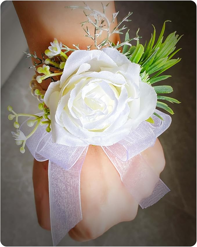 White Boutonniere and Corsage Set - 2Pcs Groom Boutonniere & Wrist Corsage Bracelets for Wedding, Prom and Anniversary,Formal Dinner Party,Ring Bearer & Niece Accessories