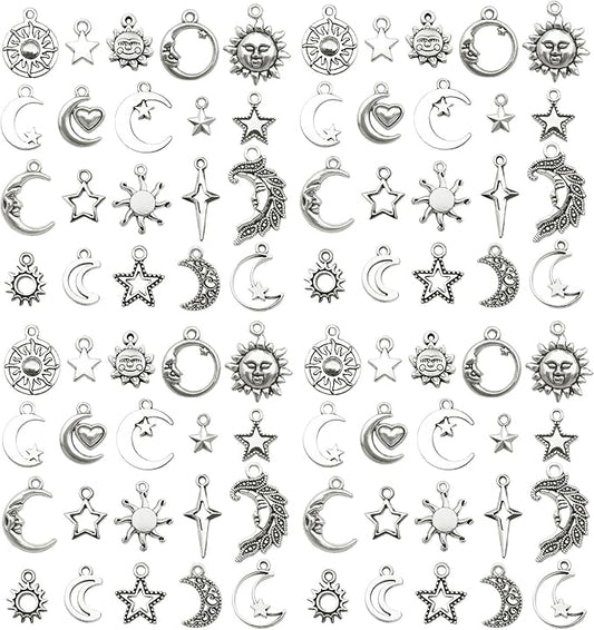 WOCRAFT 60pcs Antique Silver Sun Moon Star Bracelet Charms for Jewelry Making Sets DIY Necklace Bracelet Keychain Crafting Charms Kit Craft Supplies (SN833)
