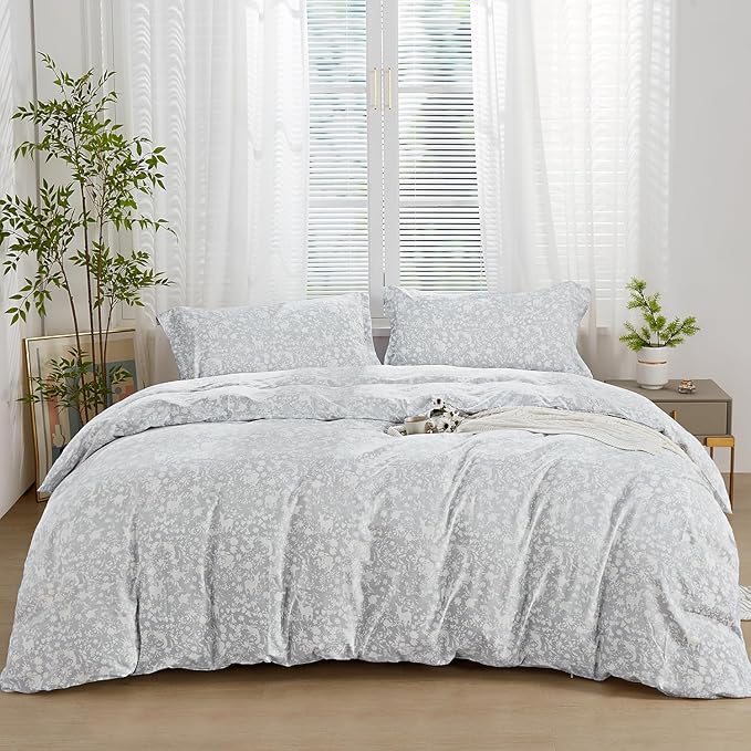 SAPHREAS Silver Grey Duvet Cover Queen 3pcs Soft Microfiber Botanical Plants Printed Pattern Gray Comforter Cover Set with Zipper Ties 1 White Floral Animal Cover 2 Pillow Shams (No Duvet Insert)