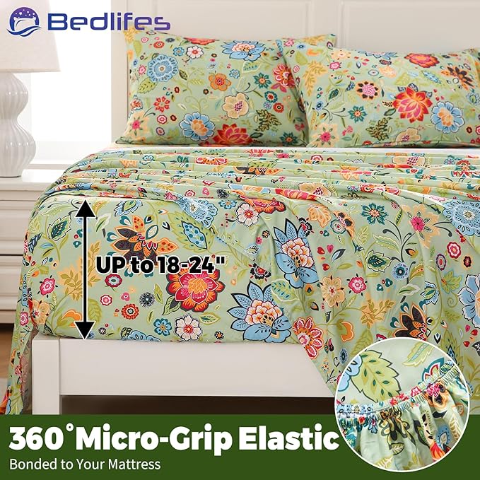 Bedlifes Extra Deep Pocket 18-24" King 4-Piece Sheet Set - Cooling Sheets Blend Rayon Derived from Bamboo Soft & Breathable Floral Sage Green