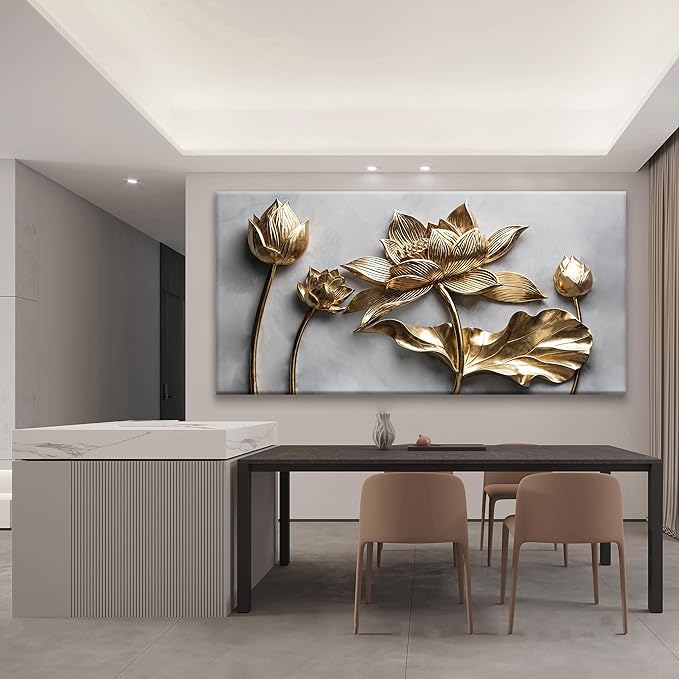Large Wall Art For Living Room Floral Wall Artwork Modern Canvas Art Wall Decor 29" X 58" Painting Gold Flower Wall Art For Bedroom Hotel Office Apartment Decoration