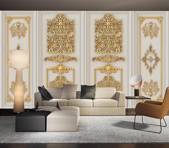 Eierme-Interior Walls with Golden Relief Patterns Mural Wallpaper Peel and Stick 160" x 114"