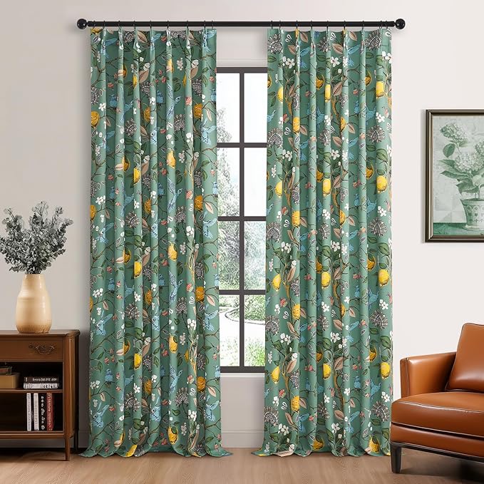 Vintage Boho Floral Pinch Pleated Curtains 84 Inches Long for Living Room,Sage Green Lemon Hummingbird Patterned French Country Drapes for Bedroom,Botanical Woodland Jungle Blackout Drapes,2 Panels