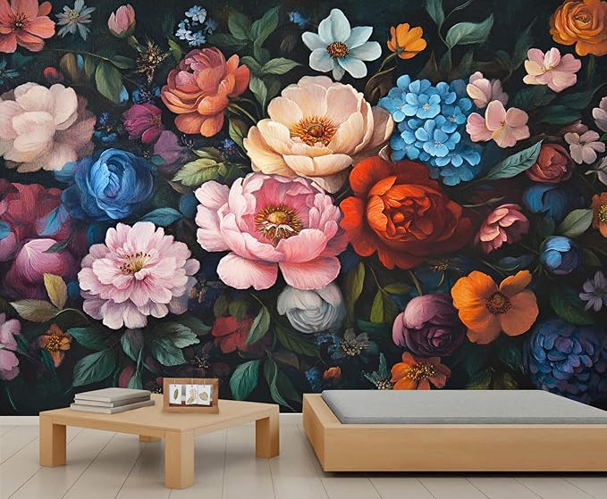 KIREUPA Vintage Peony Floral Wall Mural, Oil Painting Dutch Flower 3d Wall Murals, Romantic Dark Botanical Wallpaper Mural, for Living Room Bedroom Large Wallpaper Indoor Decor 177.16" W x120 H