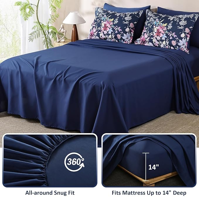 Dobuyly Queen Comforter Set, 7 Pieces Navy Blue Floral Comforter Set, Bed in a Bag Queen with Botanical Flowers Pattern, All Season Farmhouse Queen Size Bedding Set with Sheets, Pillowcases & Shams