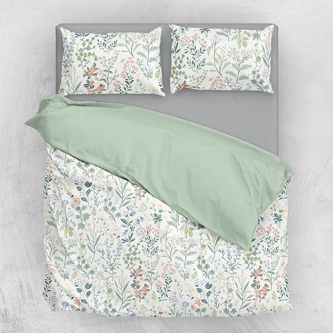Sage Green Floral Duvet Cover Queen Size Comforter Cover Cotton Floral Cottagecore Bedding Sets Queen Vintage Boho Flower Comforter Cover Botanical Wildflower Plants Duvet Cover with 2 Pillowcases