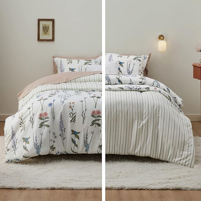 Bedsure Duvet Cover King Size - Reversible Cute Floral Duvet Cover Set with Zipper Closure, 3 Pieces White Bedding Set with 8 Corner Ties and 2 Pillow Shams 20"x36"
