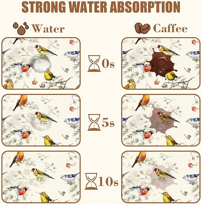 Cute Birds Coffee Mat Absorbent Dish Drying Mat for Kitchen Counter Hide Stain Rubber Backed Coffee Bar Accessories Fit Under Espresso Machine Dish Drainer, 15.7 x 23.6 Inch