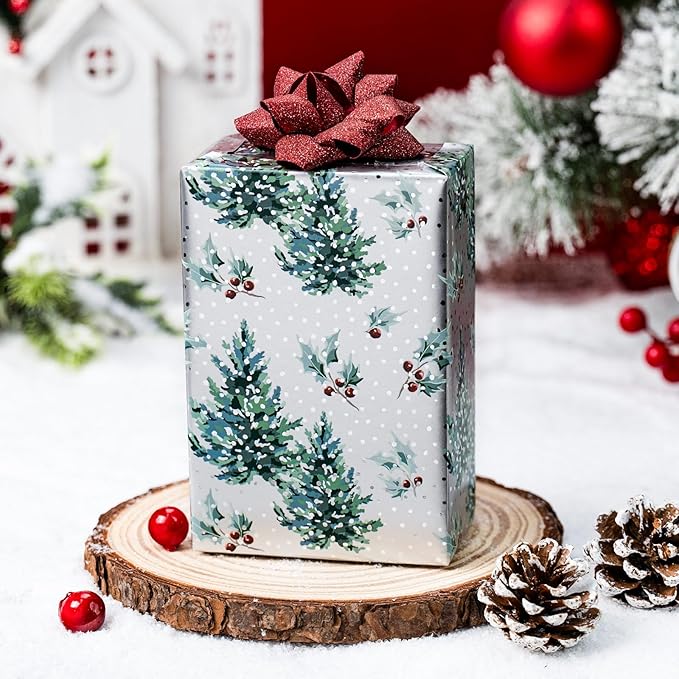 MAYPLUSS Christmas Wrapping Paper Roll - 17 Inch X 33 Feet - Metallic Gift Wrapping Paper Christmas Tree Holly Reversible Red for Holiday Party New Year Kids