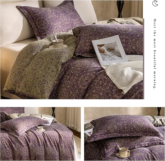 LifeTB Purple Green Floral Duvet Cover Queen Vintage Boho Medallion Bedding Set Queen 3 Pieces Jacquard Flower Comforter Cover Floral Yarn-Dyed Textured Linen Cotton Duvet Cover with 2 Pillowcases
