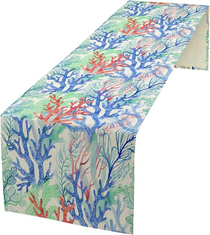Summer Shell Starfish Table Runner, Seasonal Spring Summer Tropical Ocean Beach Indoor Party Kitchen Outdoor Table Decor 13x108 Inch